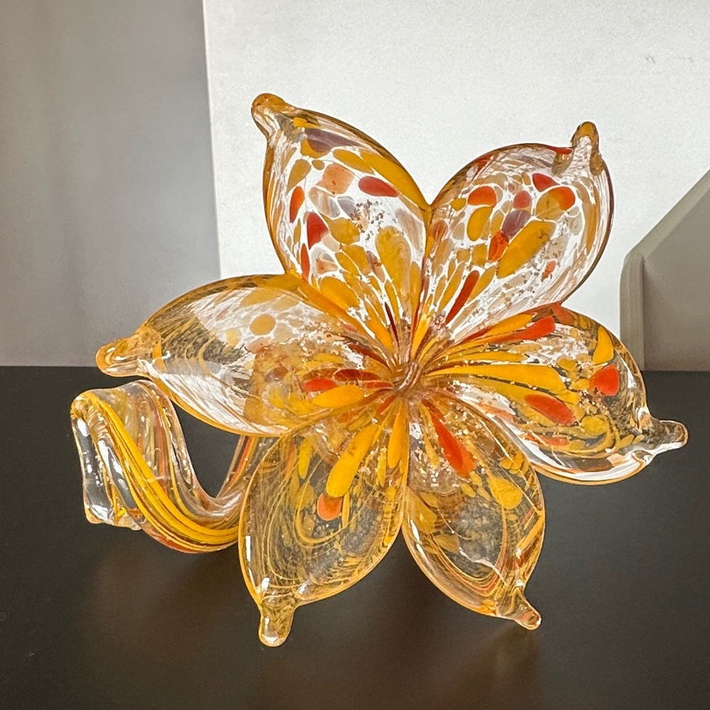 Vintage hand blown glass art paper weight orange flower